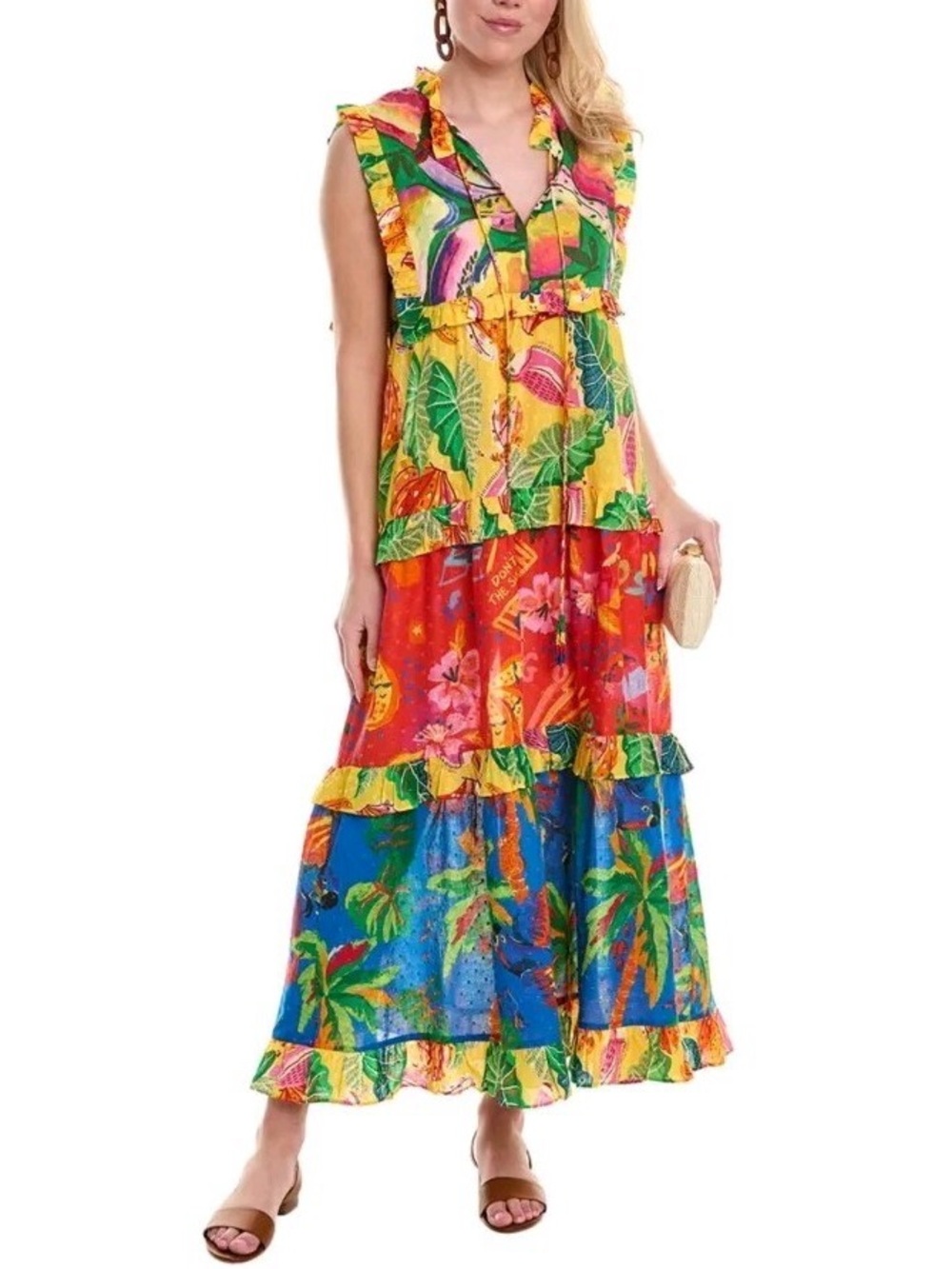 FARM Rio Yellow Multi Tropical Ruffle Maxi Dress